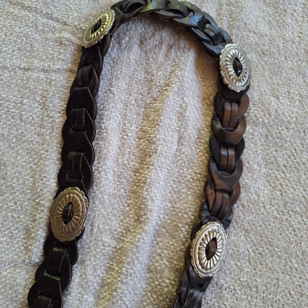 Vintage Braided Leather Concho Belt Southwestern Cowgirl Brass India Capezio